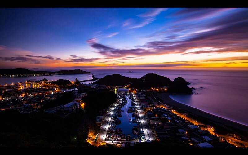 Coastal Town at Dusk — Blue, Serene, Sunset, Photograph, Harbor, Mountains