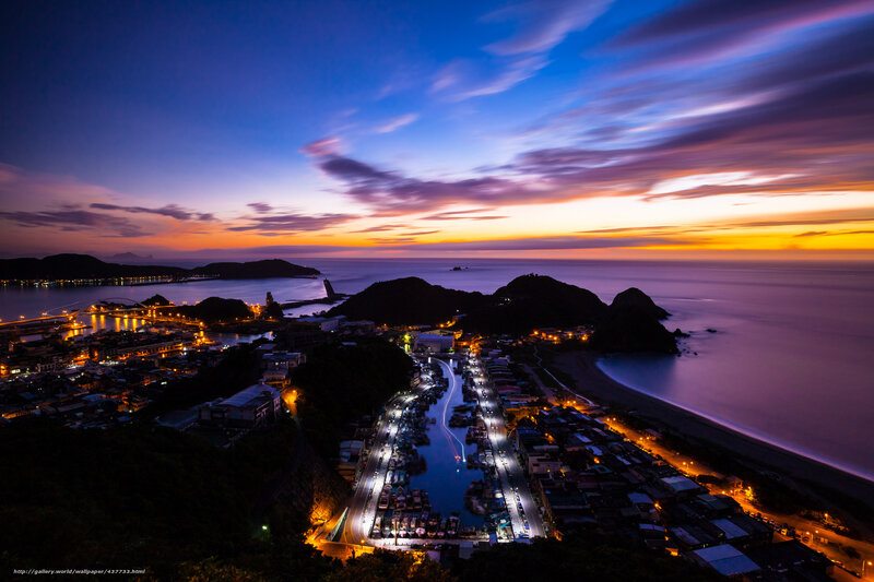 Coastal Town at Dusk — Blue, Serene, Sunset, Photograph, Harbor