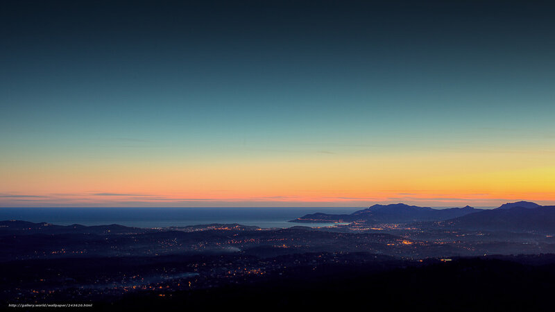 Coastal Town at Dusk — Blue, Serene, Sunset, Photograph, Mountains