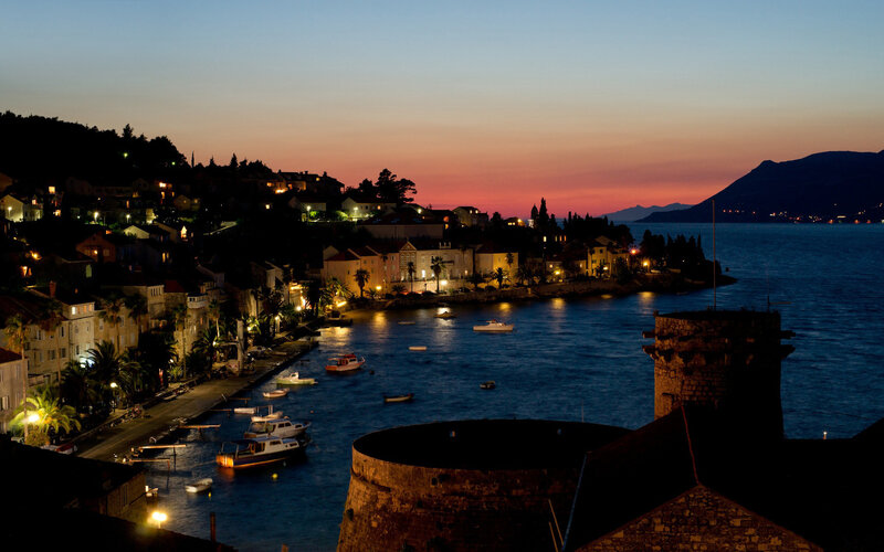 Coastal Town at Dusk — Blue, Serene, Sunset