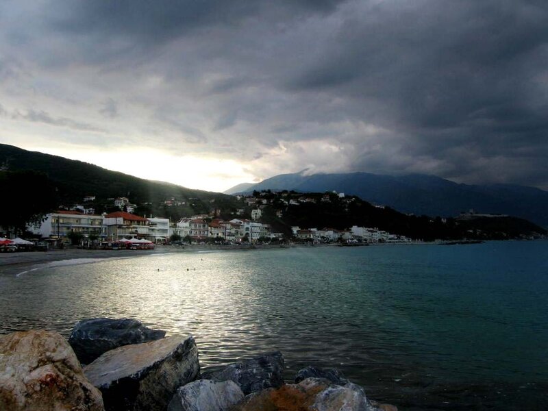 Coastal Town at Dusk — Gray, Dramatic, Sunset