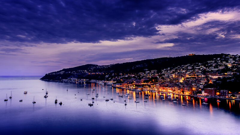 Coastal Town at Dusk — Purple, Dramatic, Night
