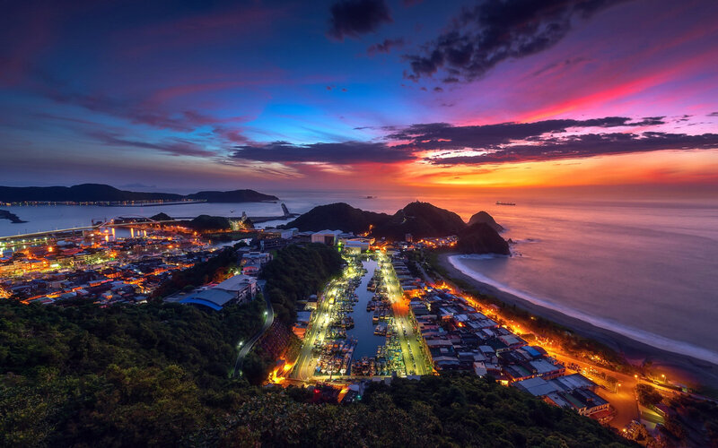 Coastal Town at Dusk — Purple, Dramatic, Sunset