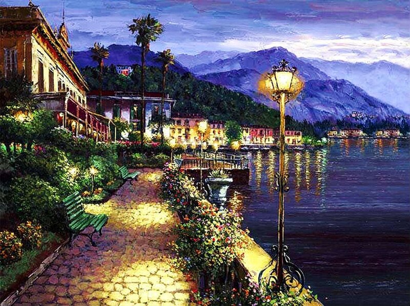 Coastal Town at Dusk — Purple, Serene, Night, Painting