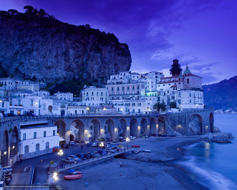 Coastal Town at Dusk — Purple, Serene, Night, Photograph