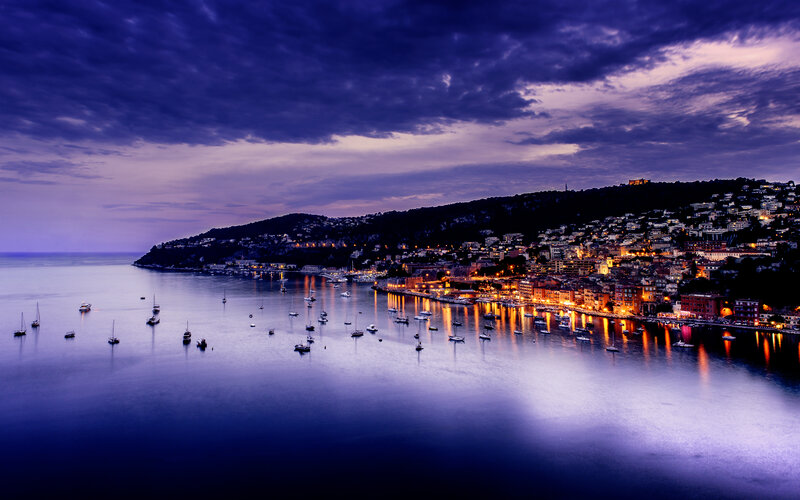 Coastal Town at Dusk — Purple, Serene, Night