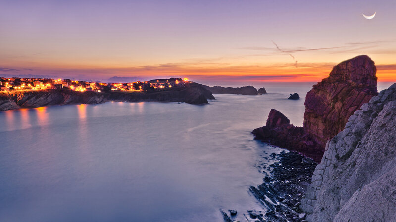 Coastal Town at Dusk — Purple, Serene, Sunset, Photograph, Moon