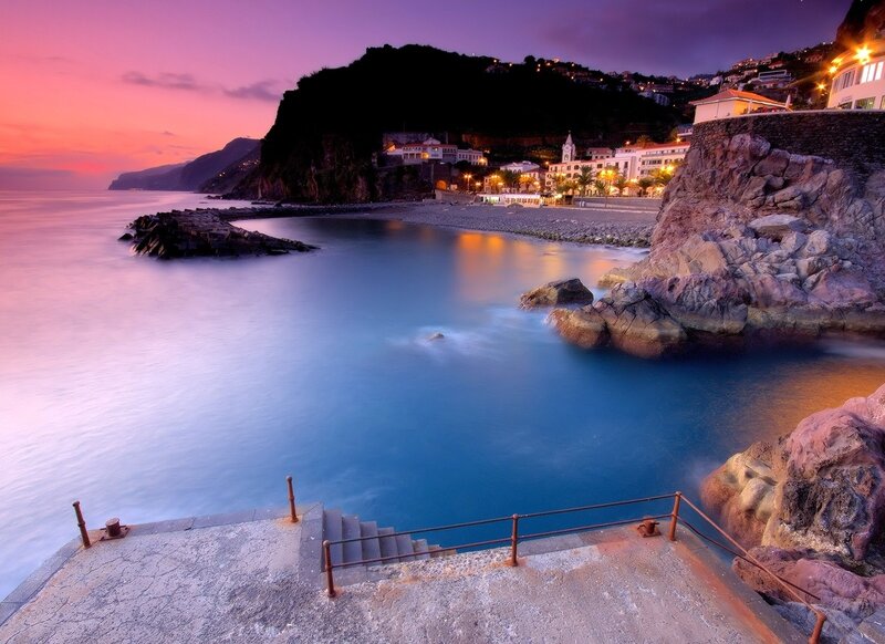 Coastal Town at Dusk — Purple, Serene, Sunset