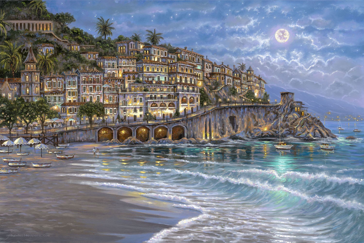 Coastal town at moonlit night