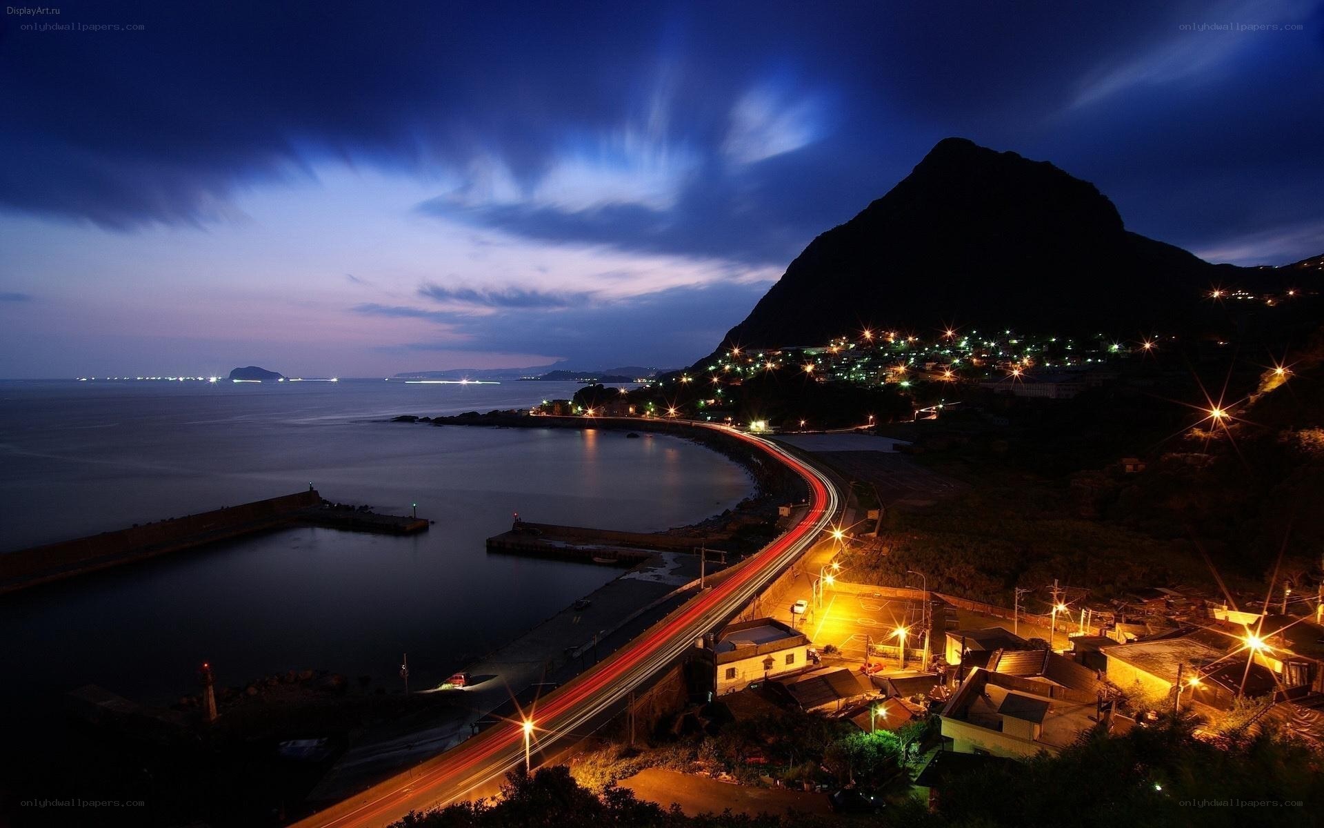 coastal town at night
