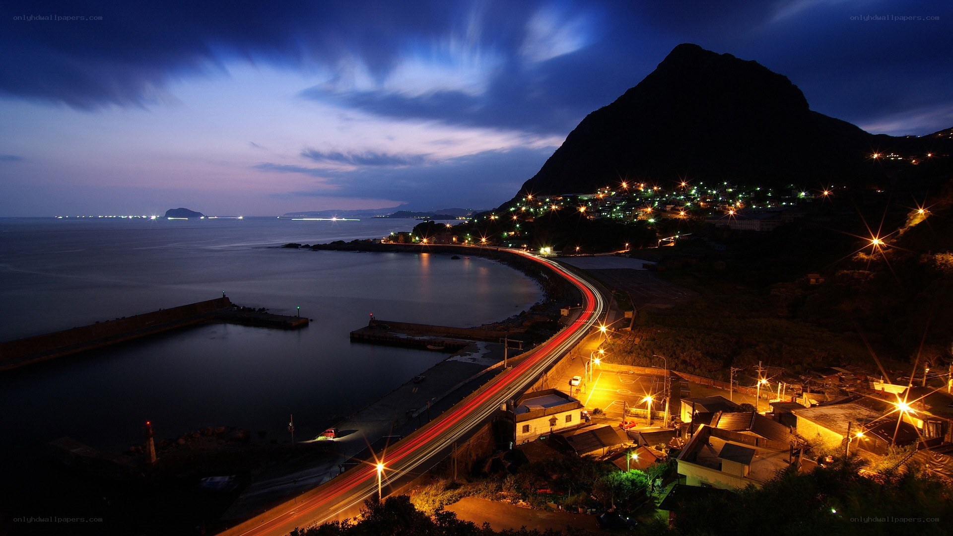 coastal town at night