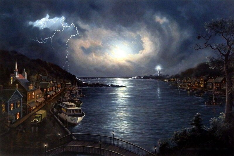 Coastal Town at Night — Blue, Dramatic, Painting
