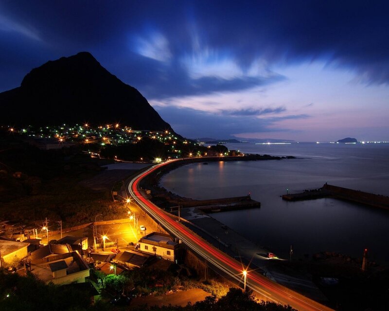 Coastal Town at Night — Blue, Dramatic