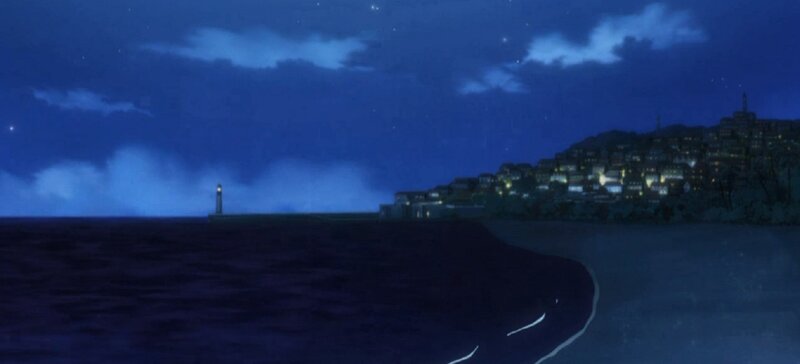 Coastal Town at Night — Blue, Serene, Anime