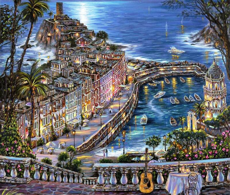 Coastal Town at Night — Blue, Serene, Painting, Boats