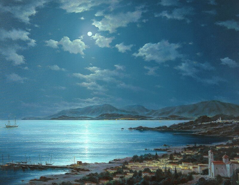 Coastal Town at Night — Blue, Serene, Painting, Moon, Sea