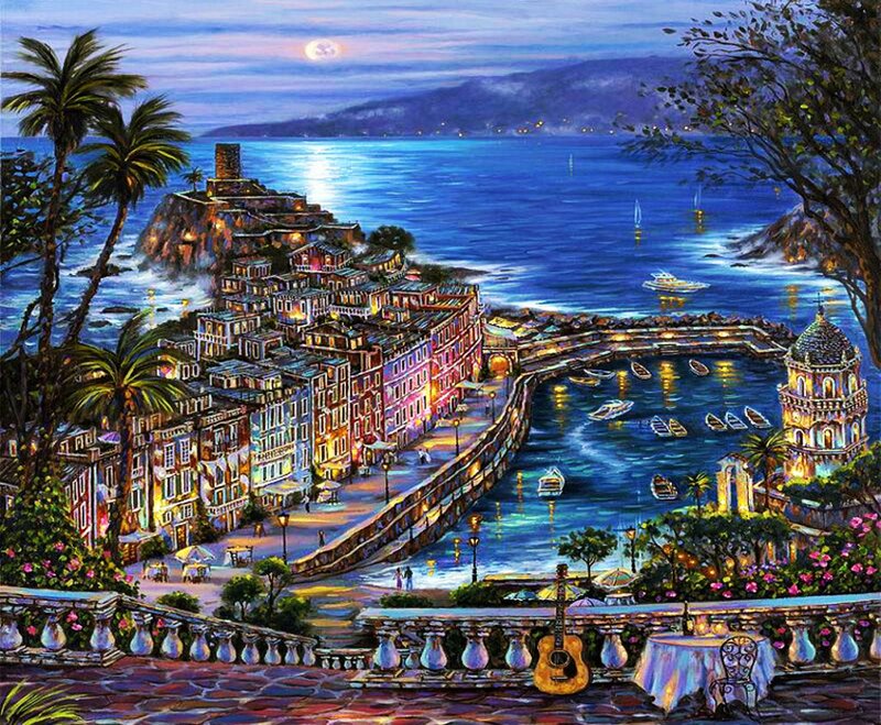 Coastal Town at Night — Blue, Serene, Painting, Palm Trees