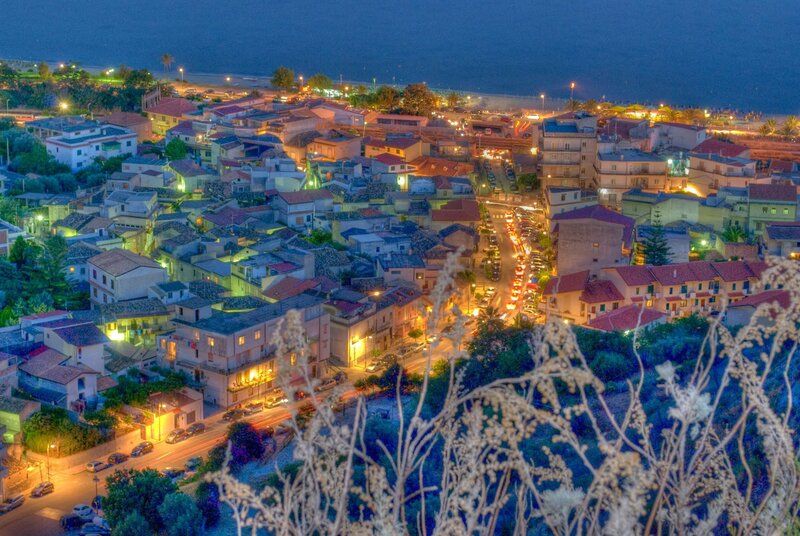 Coastal Town at Night — Blue, Serene, Photograph, Buildings