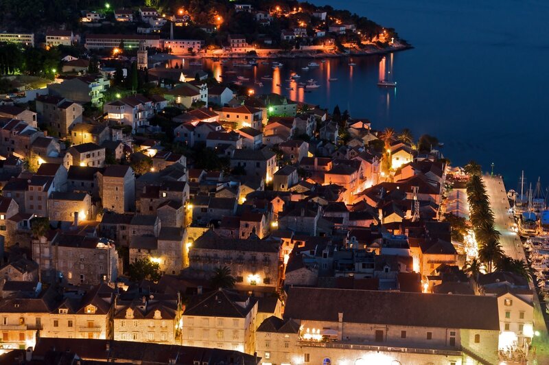 Coastal Town at Night — Blue, Serene