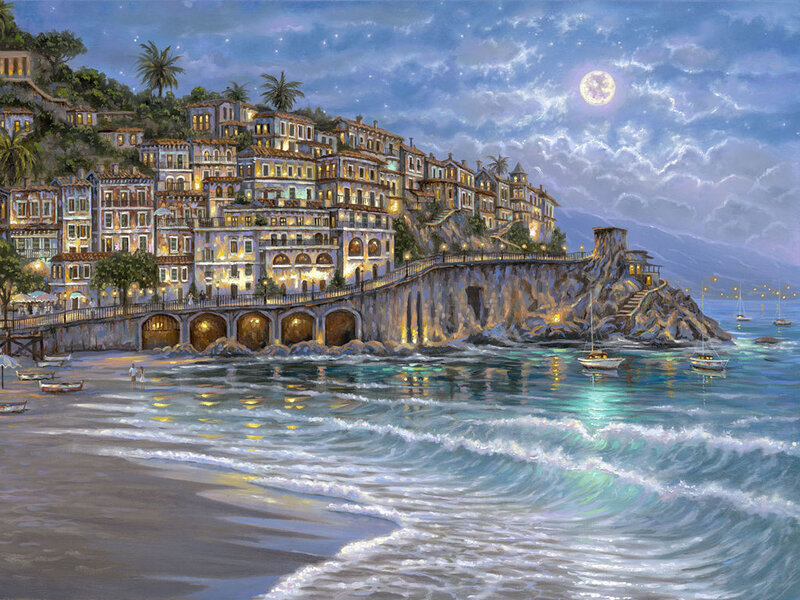 Coastal Town at Night — Blue