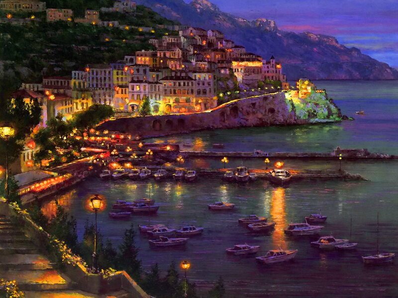 Coastal Town at Night — Purple, Serene