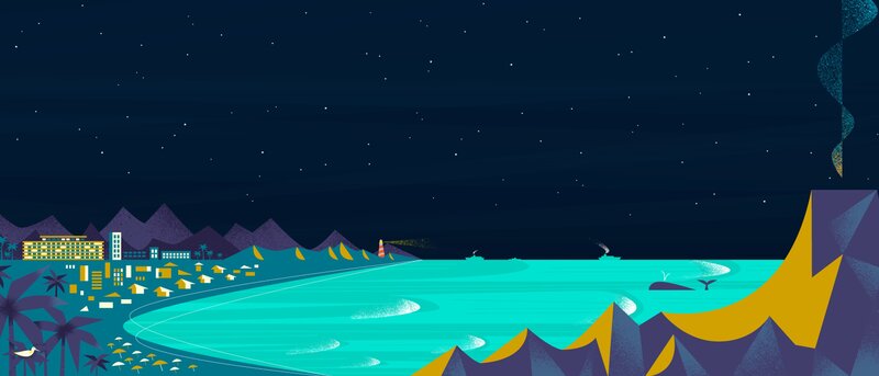 Coastal Town at Night — Teal