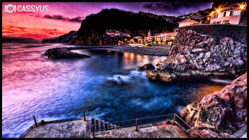 coastal town at sunset