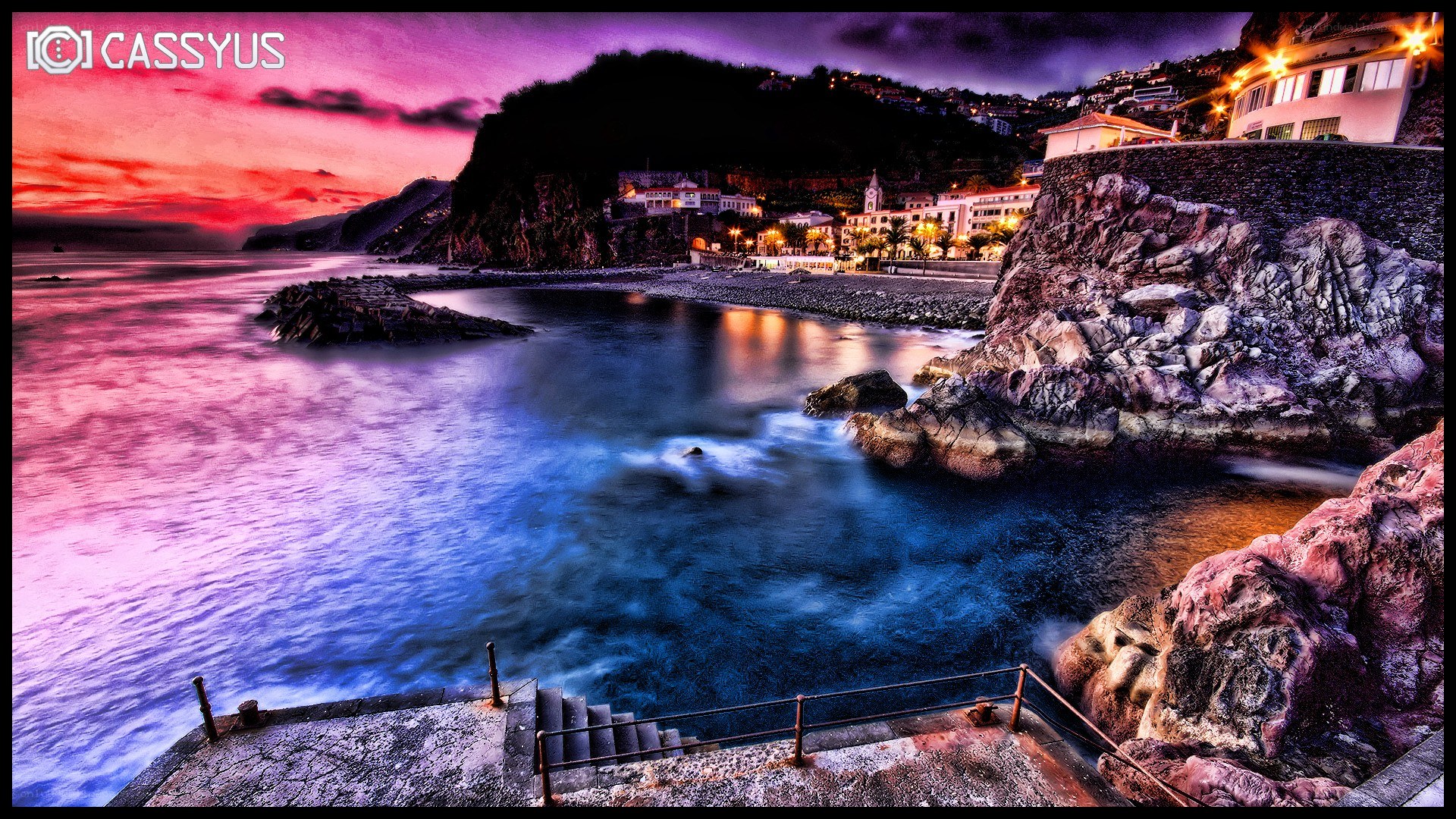 coastal town at sunset
