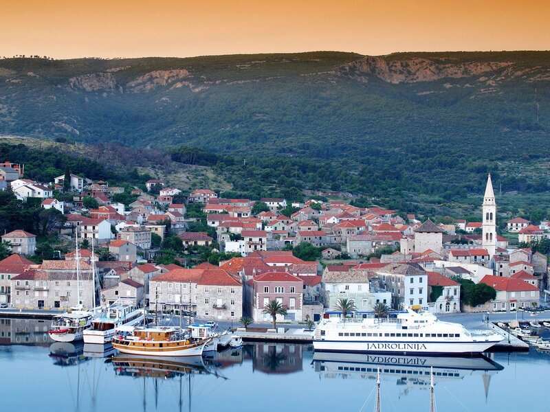 Coastal town at sunset