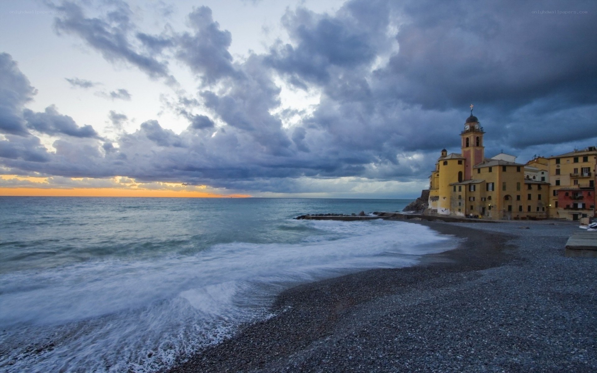 coastal town at sunset