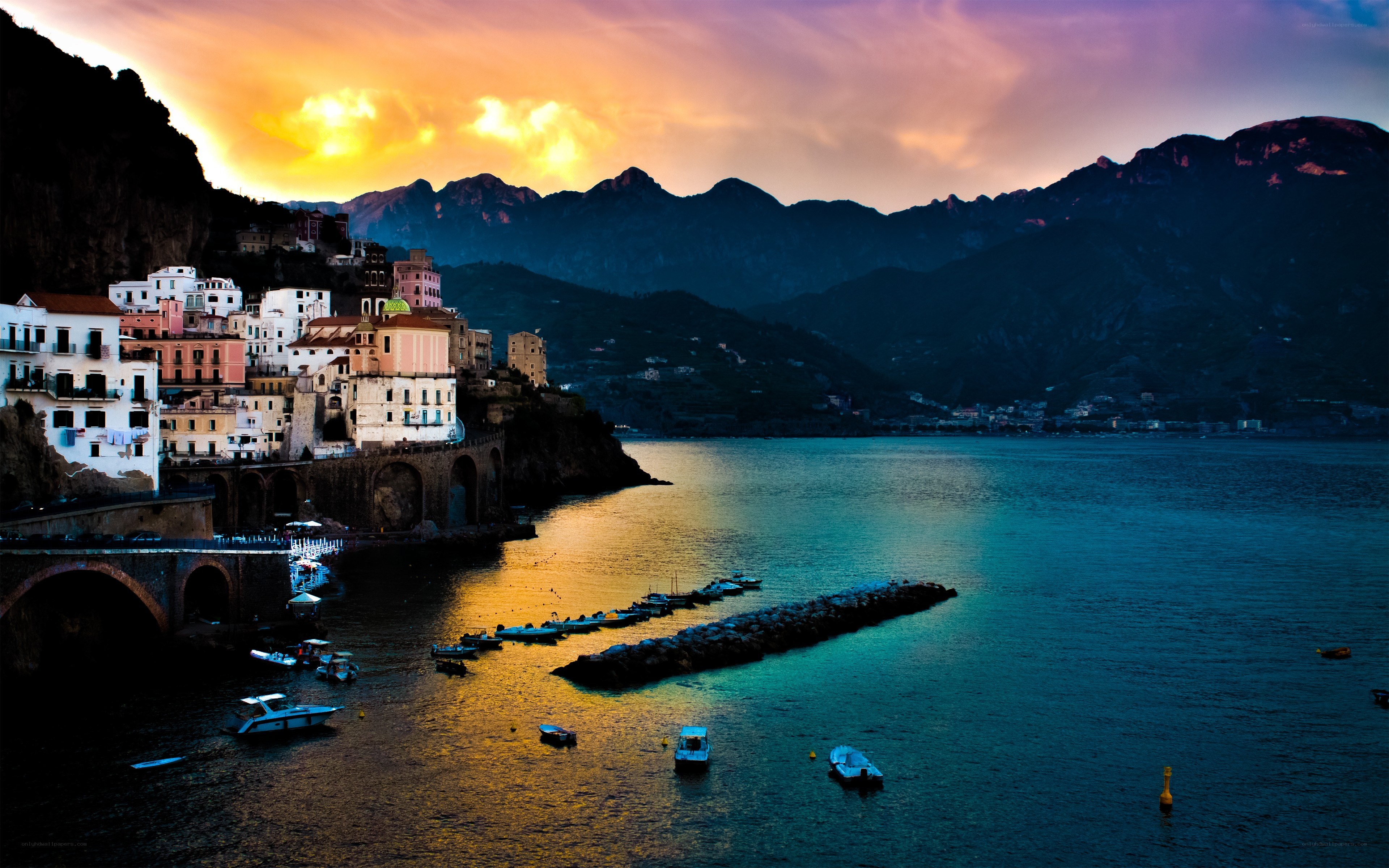 coastal town at sunset