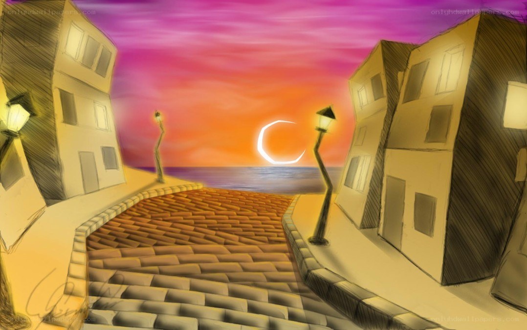 coastal town at sunset