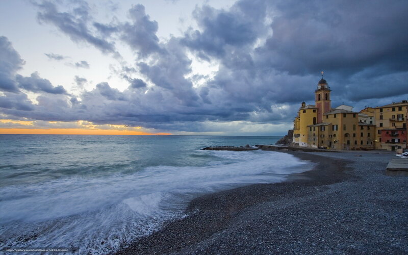 Coastal Town at Sunset — Blue, Dramatic, Photograph, Church