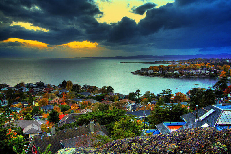 Coastal Town at Sunset — Blue, Dramatic, Photograph, Houses