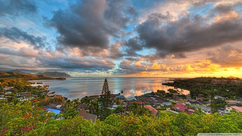 Coastal Town at Sunset — Blue, Dramatic, Photograph, Mountains, Bay