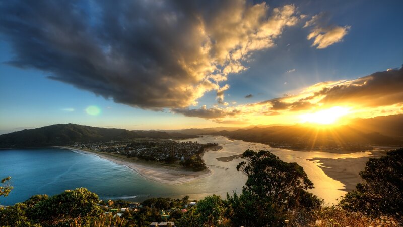 Coastal Town at Sunset — Blue, Dramatic, Photograph, Mountains, Beach