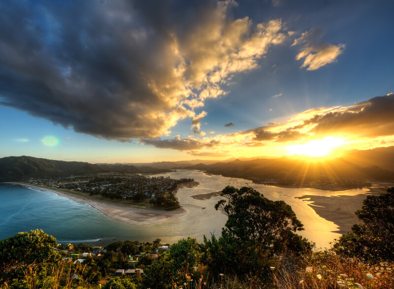 Coastal Town at Sunset — Blue, Dramatic, Photograph, Mountains, River, Beach