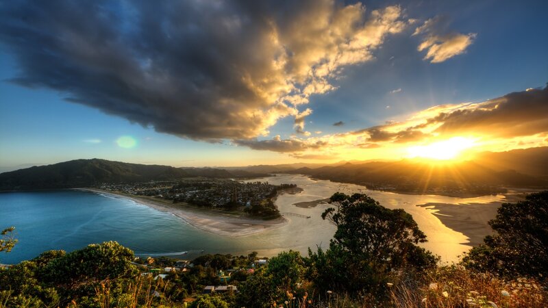 Coastal Town at Sunset — Blue, Dramatic, Photograph, Mountains