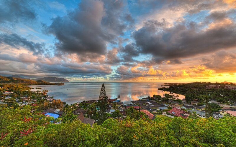 Coastal Town at Sunset — Blue, Dramatic