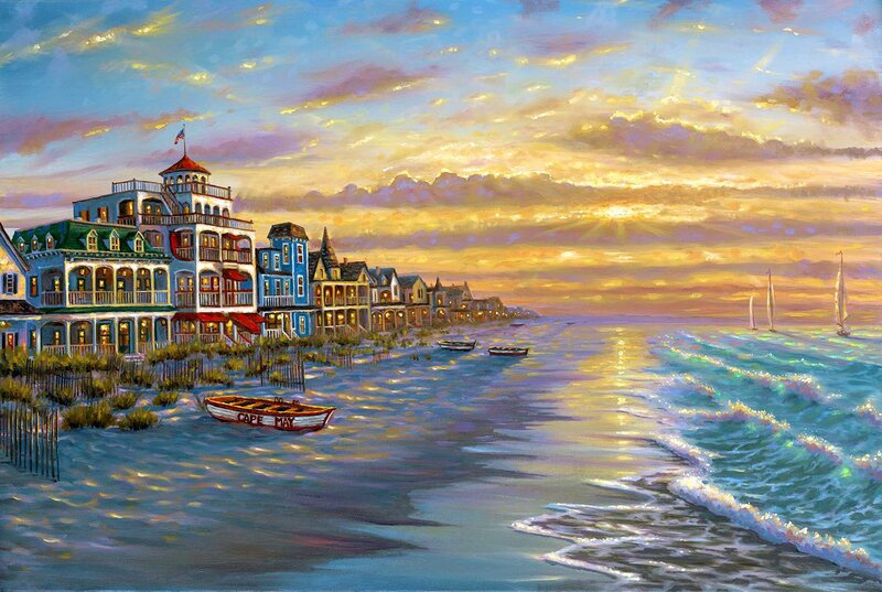 Coastal Town at Sunset — Blue, Serene, Painting, Buildings