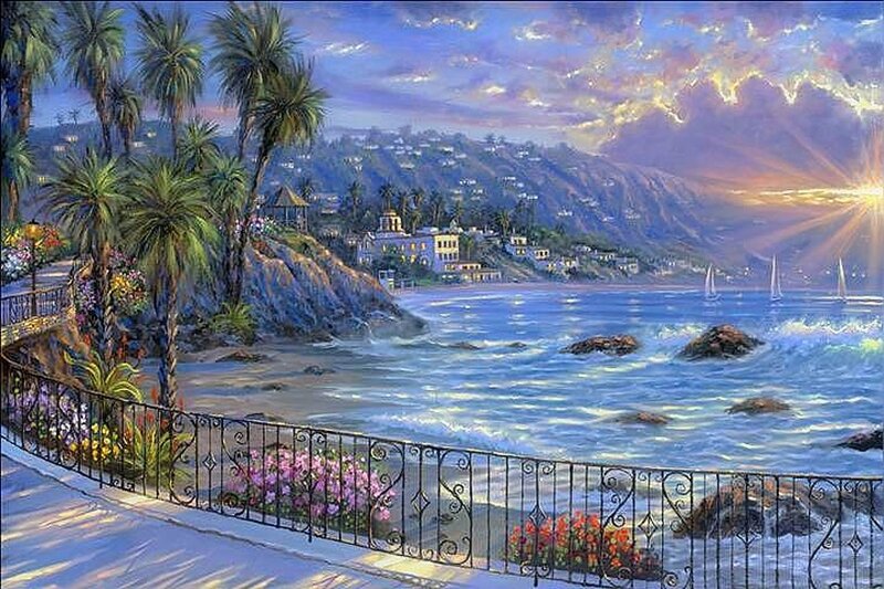 Coastal Town at Sunset — Blue, Serene, Painting