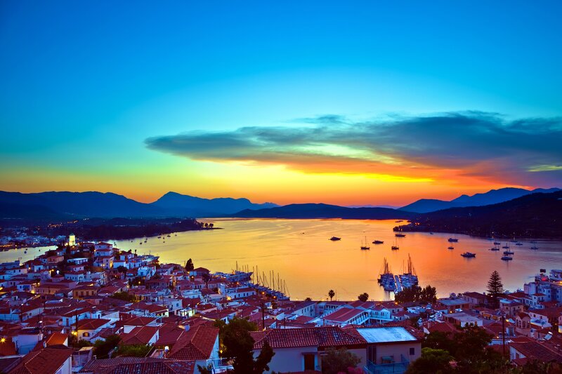 Coastal Town at Sunset — Blue, Serene, Photograph, Boats