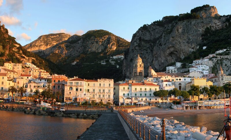 Coastal Town at Sunset — Blue, Serene, Photograph