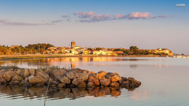 Coastal Town at Sunset — Blue, Serene, Photograph, Water, Rocks