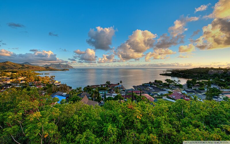 Coastal Town at Sunset — Blue, Serene