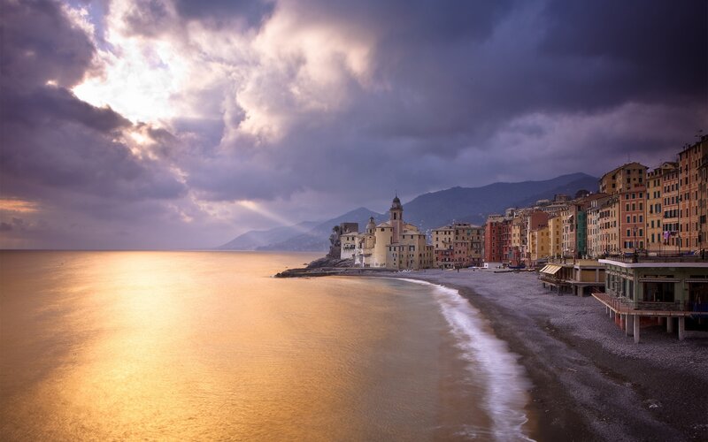 Coastal Town at Sunset — Gold, Dramatic