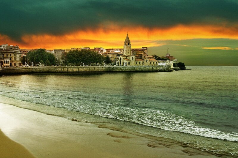 Coastal Town at Sunset — Orange, Dramatic, Photograph, Beach