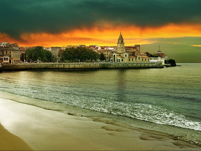 Coastal Town at Sunset — Orange, Dramatic, Photograph, Church