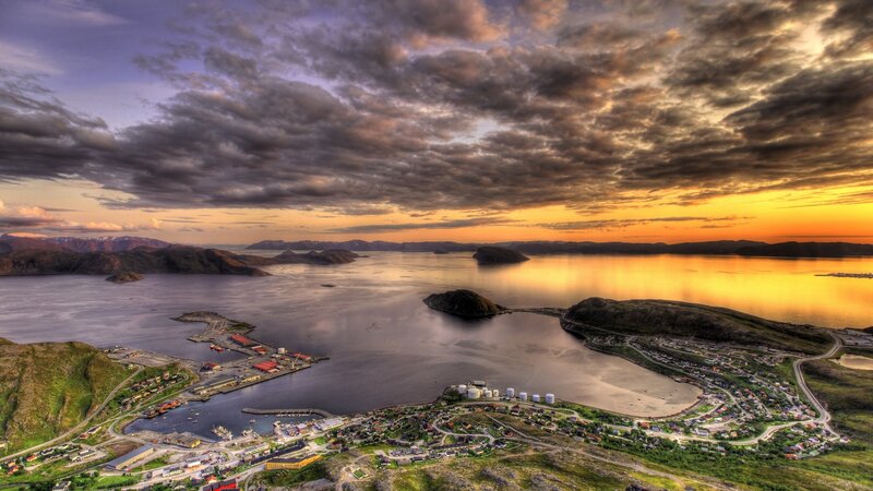 Coastal Town at Sunset — Orange, Dramatic, Photograph, Harbor