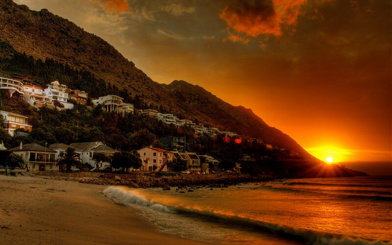 Coastal Town at Sunset — Orange, Dramatic, Photograph, Mountain